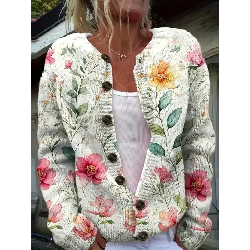 Women'S 3D Floral Print Cardigan - Vibrant Floral Lightweight Long Sleeve Sweater, Crew Neck Polyester Knit With Buttons Fabric Knitwear Casual Womenswear Tops Knitting Women'S 3D Floral Print Cardigan - Vibrant Floral Lightweight Long Sleeve Sweater, Crew Neck Polyester Knit With Buttons Fabric Knitwear Casual Womenswear Tops Knitting