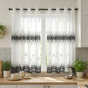 Window Wear 2 Panels 52x60inch Kitchen Curtain Macrame Embroidery Bohemian Faux Linen Floral Design with Elegant Lace Trim for Multiple Room Types SR122 Interior Decoration Accessories Home Textile