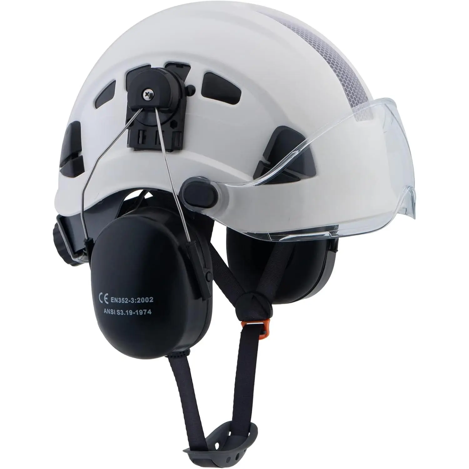 Safety Head Gear 3-in-1 Helmet with Clear Flip-Up Visor, Removable Ear Muffs NRR 24dB, 6-Point Padded Ratchet Fit 20.5-25 in, 8 Vents for Gardening and Lawn Mowing, White with Transparent Visor
