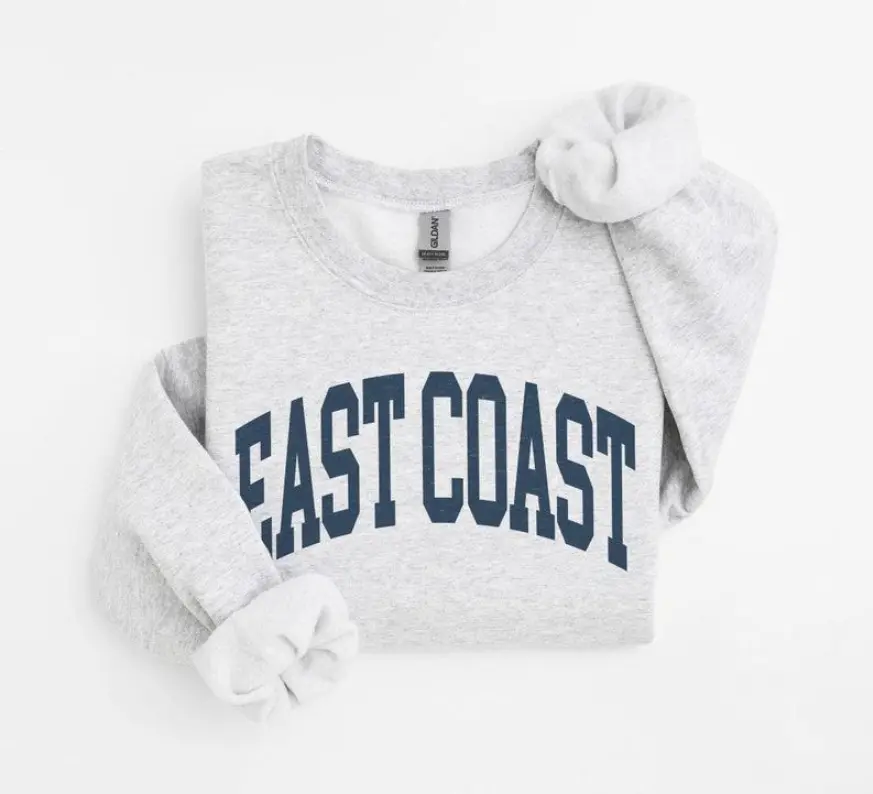 East Coast Sweatshirt, Vintage Varsity Aesthetic, Trendy Travel Destination Gift, Unisex Crewneck Sweatshirt
