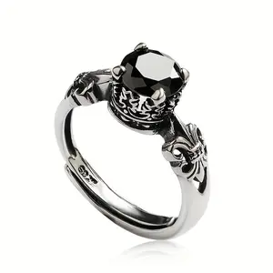 Elegant S925 Silver Ring with Natural Black Agate, Adjustable Open Design for Men and Women, Vintage Style Fashion Statement Piece, Pair Ring cartilage  earrings black o-rings stainless steel Gold Chunky Heart Sunflower Necklace heart design bracelet CZ