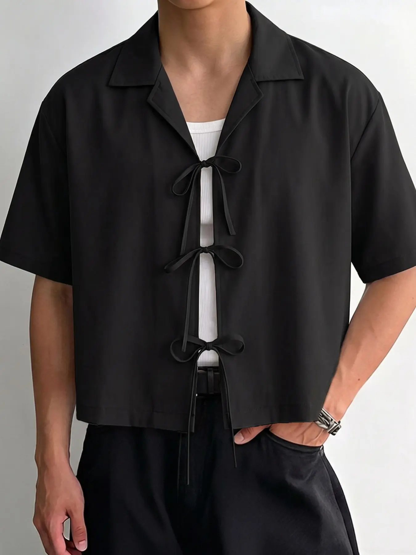 INCERUN Men's Fashion Streetwear Menswear Short Sleeve Slim Fit Tie-Back Casual Plain Shirt, Stylish and Comfortable Design, Perfect for Daily Wear and Outdoor Activities