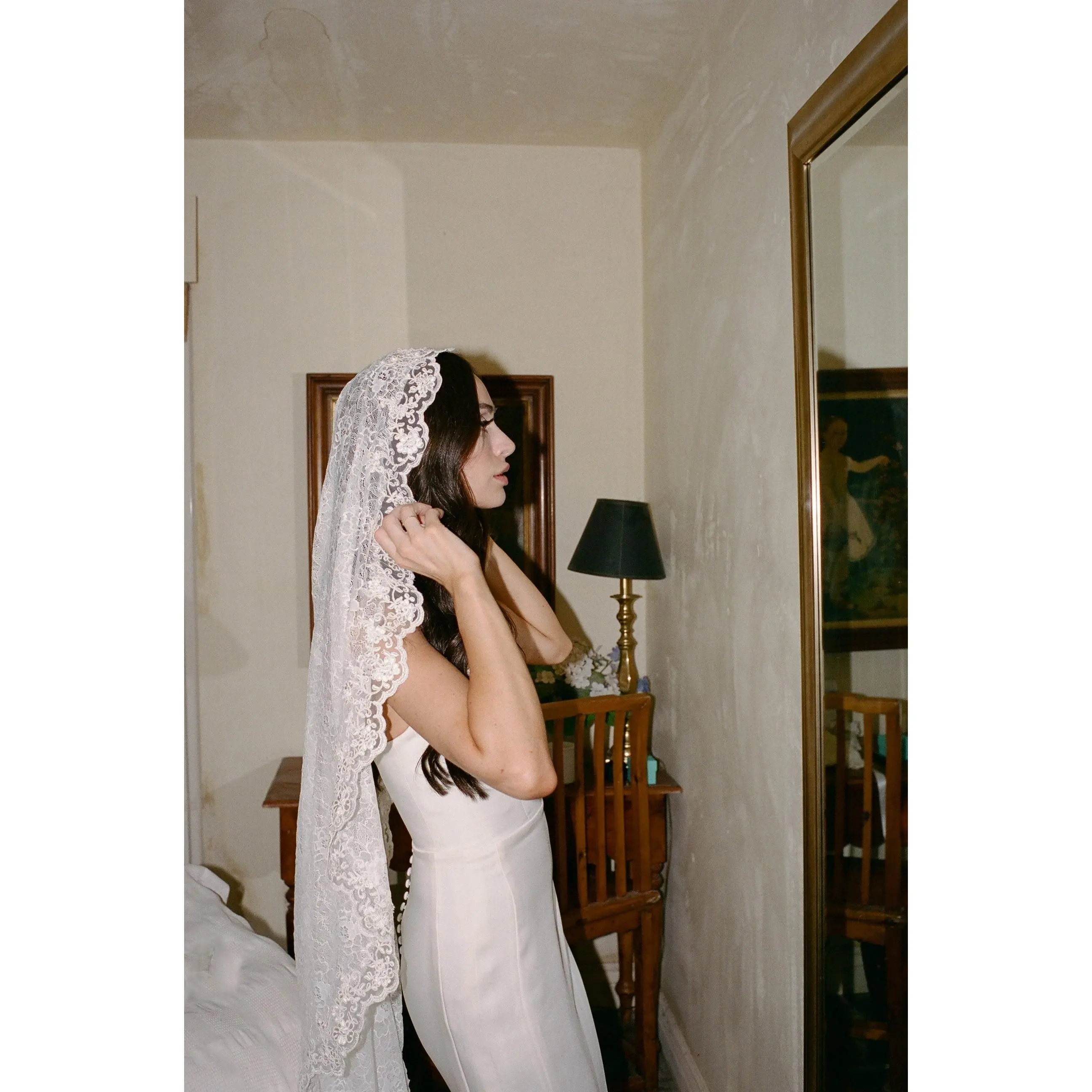 Romantic Floral Lace Mantilla Wedding Veil, Fingertip Length in Light Ivory