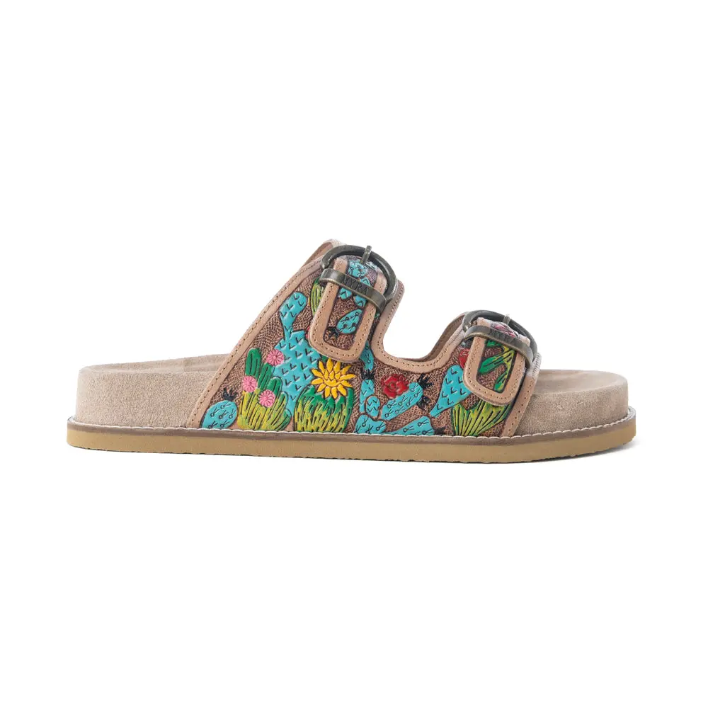 Myra Falling Feather Genuine Leather Slide Sandals for Women in Green and Brown, Hand-Tooled Western Summer Sandals with Comfort Footbed