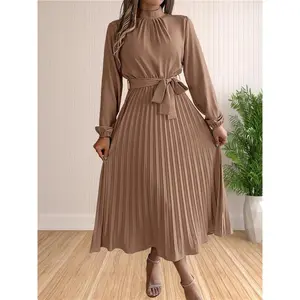 Women’s solid belted pleated A-line dress, elegant mock-neck bishop-sleeve dress for fall and winter, women’s clothing for daily wear, casual everyday wear