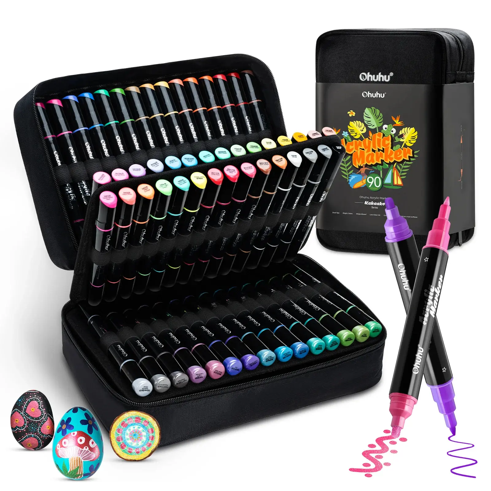 Ohuhu Acrylic Markers: Dual Tips (Round & Fine) - 90 Colors - Acrylic Markers High Opacity Paint Markers Waterproof Lightfast for Rock Painting Easter Eggs Wood Glass Ceramic Canvas - Kakaako Series of Ohuhuart