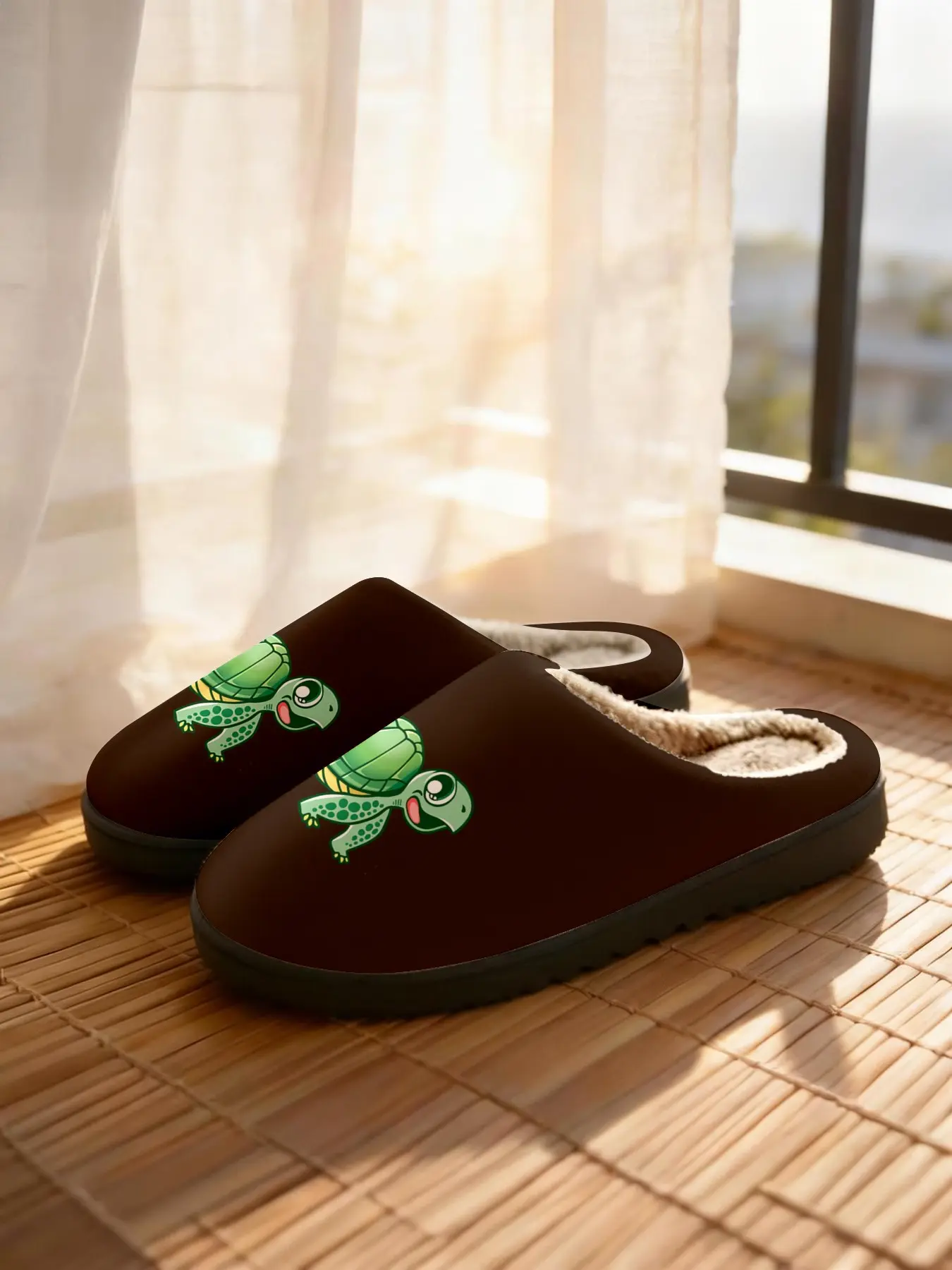 Cute Turtle Theme Cotton Slippers, Deep Base Color, Soft Cartoon Turtle Pattern, Cozy Plush Lining, Casual Home Shoes