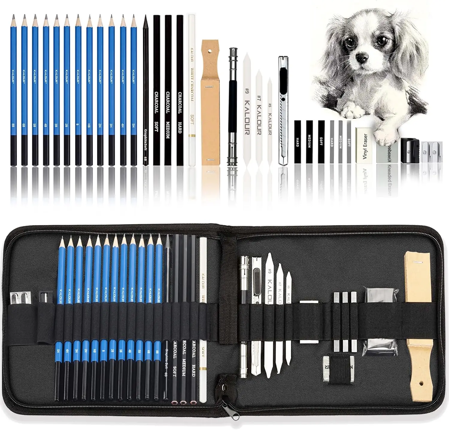 KALOUR 33 Pro Drawing Kit Sketching Pencils Set,Portable Zippered Travel Case-Charcoal Pencils, Sketch Pencils, Charcoal Stick,Sharpener,Eraser.Art Supplies for Artists Beginner Adults Teens tiktokshopbacktoschool