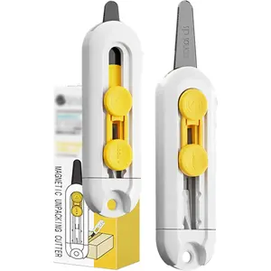 Package Opener Cutter, Small Cute Retractable Box Cutter for Letter & Package Cutting, Magnetic Box Cutters with Non-Stick Fluorine Coated Serrated Safety Blade for Office, Home (2 Pack)