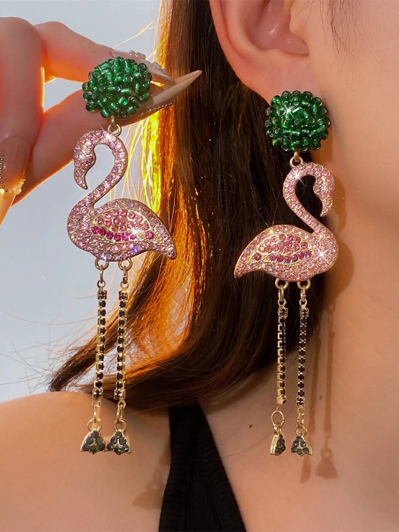 Flamingo Rhinestone Long Dangle Earrings for Women, Statement Earrings, Perfect for Wedding Party Evening Wear, Casual Style Copper Alloy Jewelry