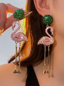 Flamingo Rhinestone Long Dangle Earrings for Women, Perfect for Wedding Party Evening Wear, Casual Style Copper Alloy Jewelry