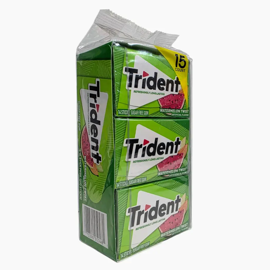 Trident Sugar-Free Xylitol Chewing Gum, Fruity Sweet Chewy Watermelon Flavor, 15-Pack Packs (14 Sticks Each) - On-the-Go Bulk, Suitable for All Ages, Gum Packs