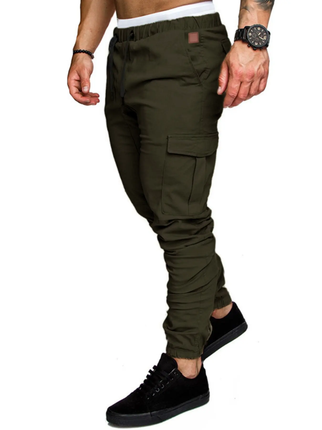 Men's Multi-Pocket Cargo Pants, Casual Cargo Style Fitted Ankle Cuff Jeans, PU Leather Patchwork Design, Drawstring Waist Belt Included, All Seasons Trousers