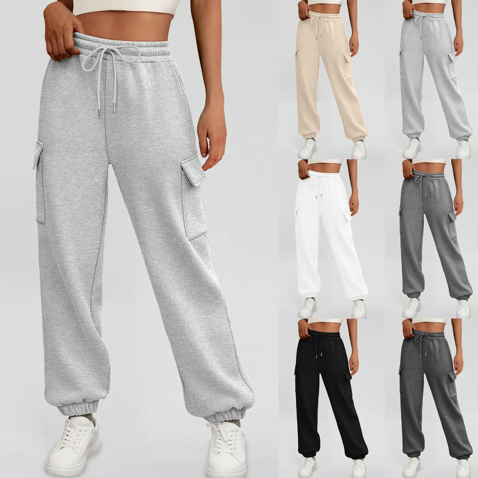 Women's Fleece Lined Cargo Sweatpants - Baggy High-Waisted Joggers with Pockets