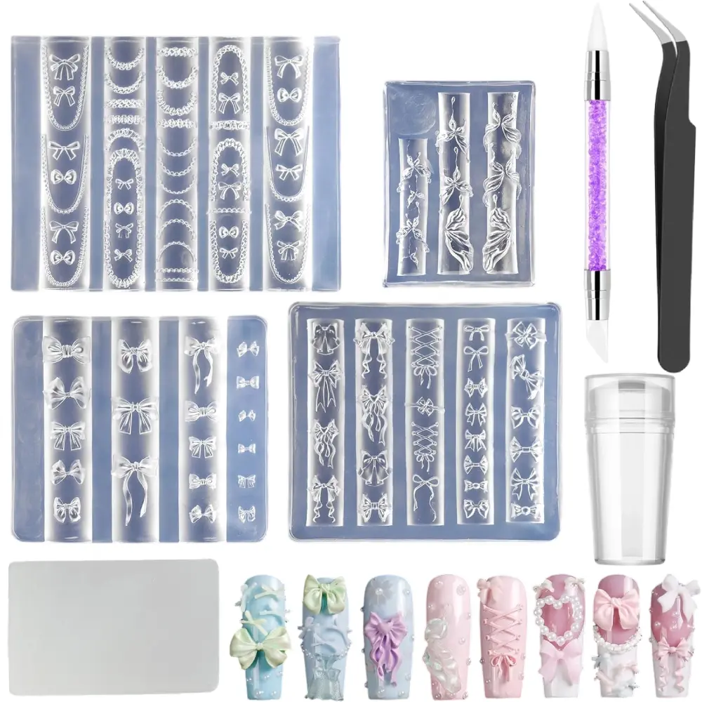 3D Nail Decoration Kit - 8-Piece Sewing Tool Kit with Silicone Molds, Drill Pens, Tweezers, Stamps, Pads, Peel Function, Ultraviolet Light for Different Shapes, Nail Care Supplies for Women’s DIY Art Use
