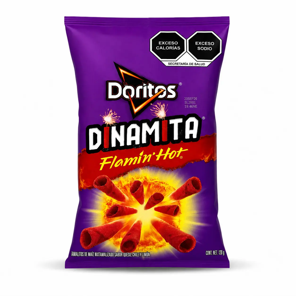Doritos Dinamita Flamin' Hot Rolled Tortilla Chips, Cheese, Chili & Lime Flavor, 70 g (2.47 oz), Imported from Mexico