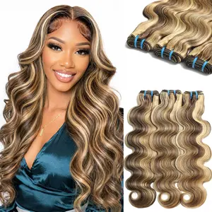 LUCKSTAR #Summervibes 4/27/613 Body Wave Bundles Human Hair Highlight Ombre Brown Honey Blonde 613 Bundles Hair Weave Bundles for Sew In and Quick Wave Human Hair Extensions 100% Human Hair Extensions Colored Human Hair Bundles