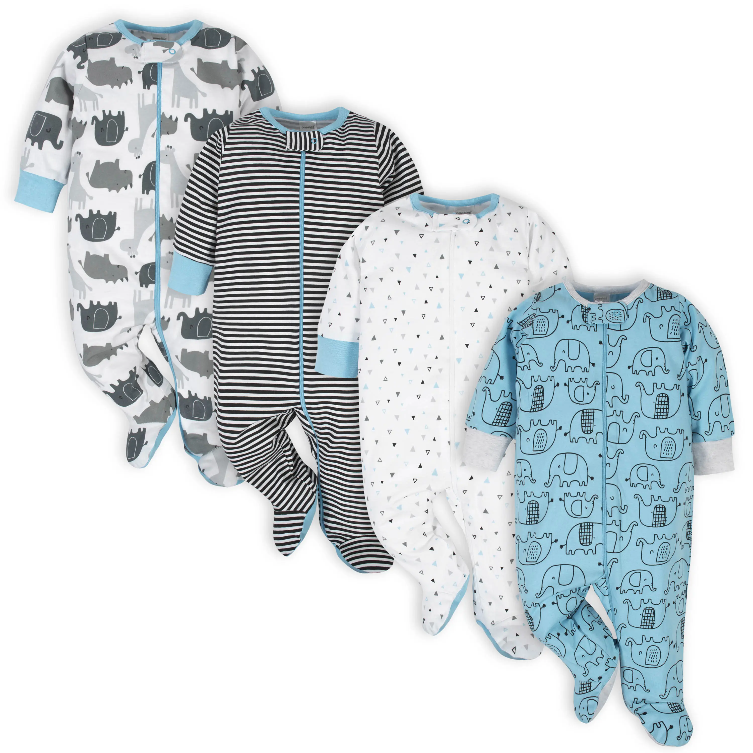 ONESIES Baby Boys' 4-Pack Sleep 'N Plays, Long Sleeve Crew Neck Cotton Zipper Pajamas with Elephant Print for Day and Night, Newborn Baby, Elephants, Animals