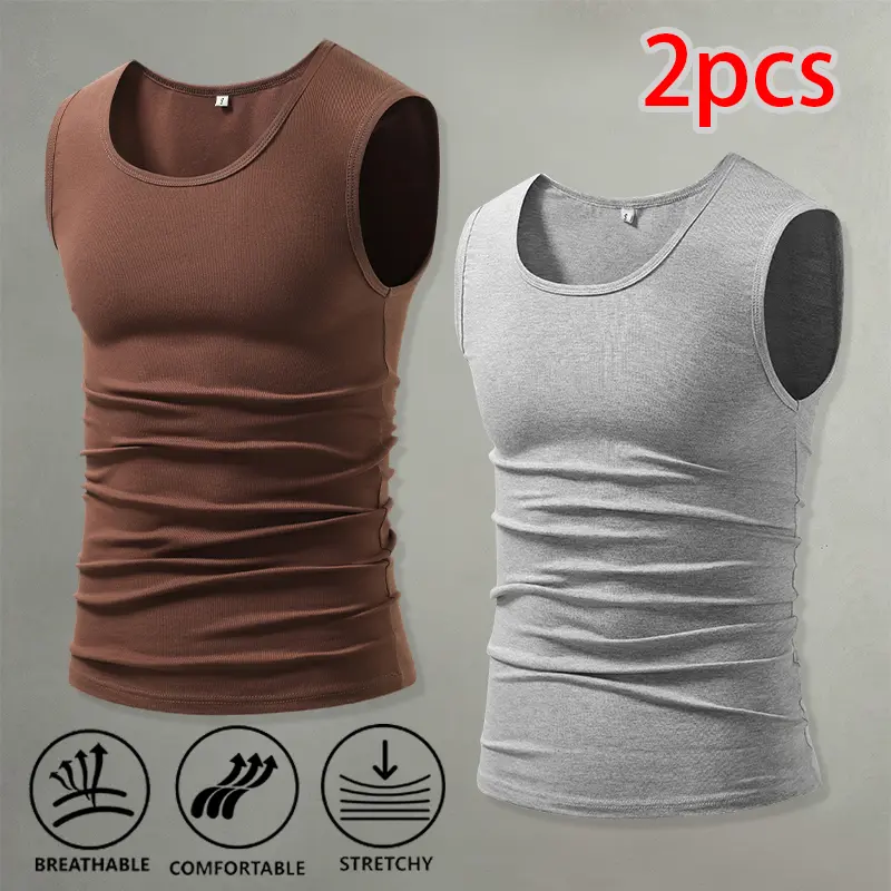 Men’s Fitted Crew Neck Ribbed Stretch 2-Pack Tank Tops, Quick Dry Breathable Sleeveless Base Layer for Running, Fitness & Home Wear, Versatile Solid-Color Layering Undershirts, Two-Pack