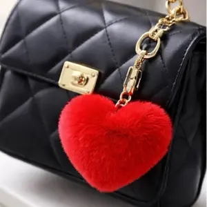 Heart Plush Keychain Cute Fur Bag Charm Pom Pom Key Ring Gift