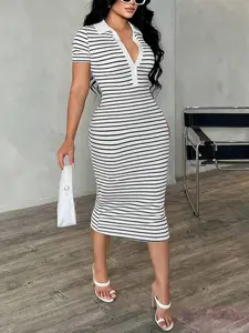 Women's Summer Casual Elegant Business Polo Shirt Dress, Fitted Striped Design for Stylish Summer Wear, Perfect for Office and Outings