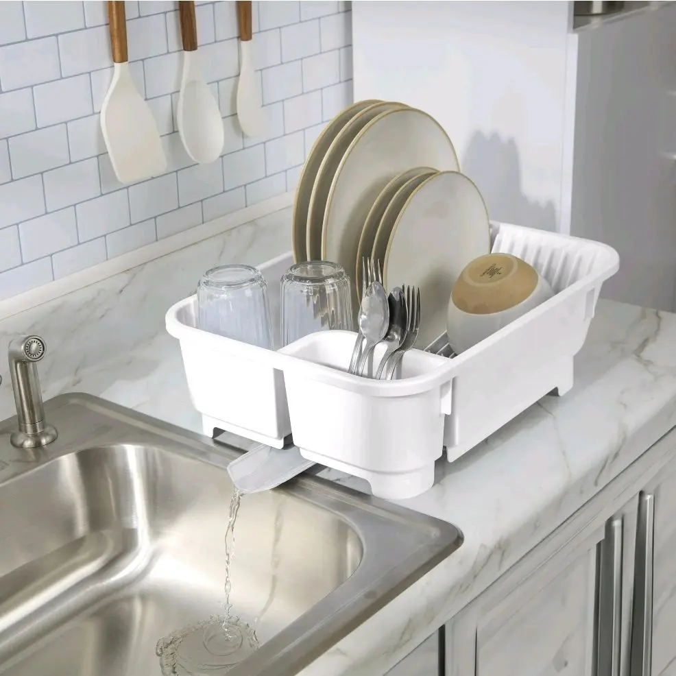 White Kitchen Dish Rack Sink Set - Space-Efficient Self-Draining Organiser with Retractable Spout, Practical Finish, Smart Design, Clear Dimensions, Home Storage Holder