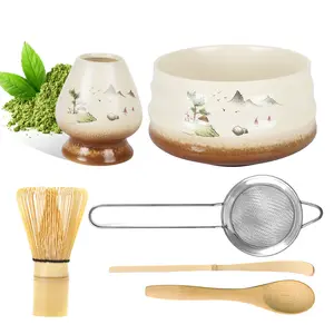 6-Piece Traditional Ceramic Bamboo Matcha Whisk & Bowl Tea-Making Kit for Enthusiasts - Includes Bowl, Scoop, Sifter, Ideal for Latte, Perfect Gift