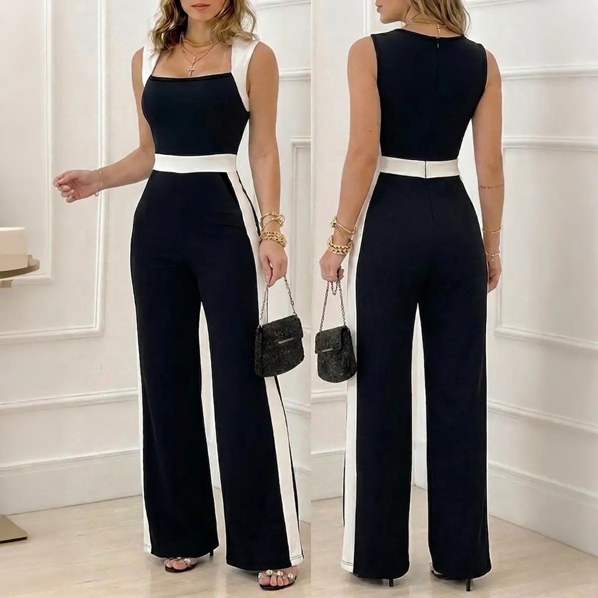 CHICME Women's Colorblock Jumpsuit Elegant Square Neck Sleeveless Wide Leg Overalls High Waisted Work Outfits with Pockets