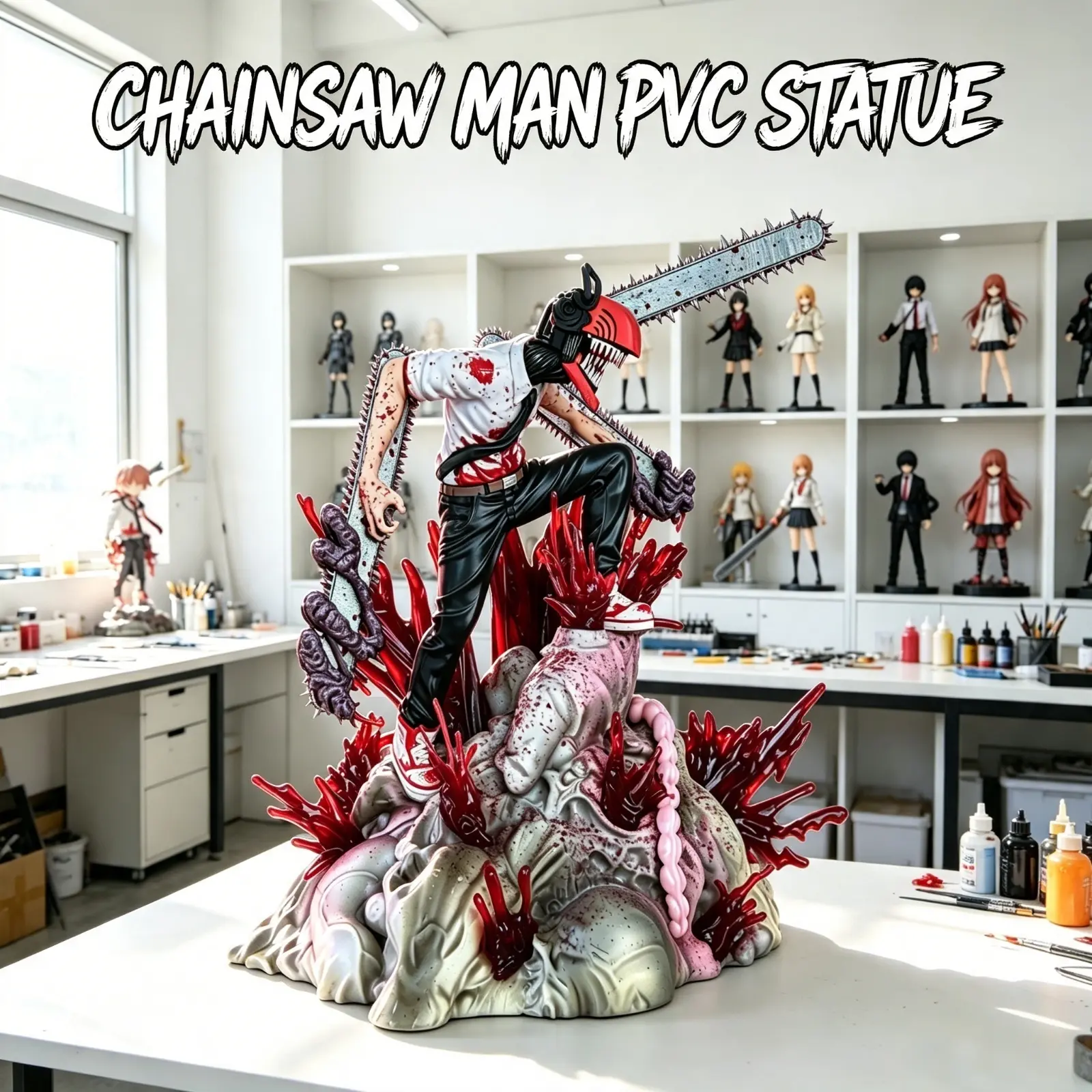 Chainsaw Man Anime Figure Statue, Battle Scene Collectible Figurine with Monster Base, Detailed Character Model with Chainsaw Head, Desktop Ornament Home Decor, Great Gift for Manga Anime Fans and Collectors, Premium PVC Statue for Desk Display