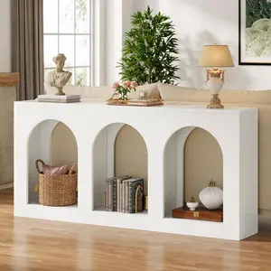 LITTLE TREE 70.9" White Console Table with Storage, Wood Entryway Entry Table with 3 Arched Shelves for Foyer, Hallway, Living Room, Behind Couch Sofa, Narrow Long