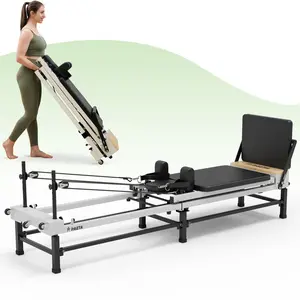 Foldable Pilates Reformer Machine 91" with Adjustable Height | Professional Home Gym Equipment | Jump Board & High-Tension Piano Wire Springs Exercise Mat Stretching Gear Fitness Training Band Elasticity Bands Yoga Chair
