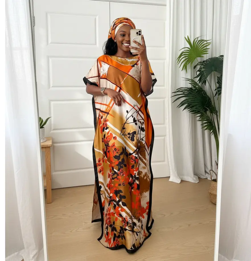 Women's Warm Orange Floral & Geometric 2-Piece Kaftan Set - Silky Smooth Flowy Bubu Dress & Headwrap, Floral Print, Elegant Fall Wear for Resort, Boho Party
