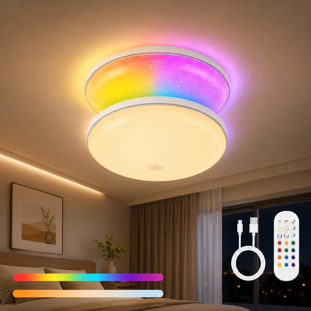 GIVRYES 2-Pack Magnetic RGB LED Ceiling Lights, Rechargeable Wireless Battery-Operated IP66 Waterproof Lights with Remote Control for Bathroom, Closet, Garage Home Improvement LED Lighting, Led Lights