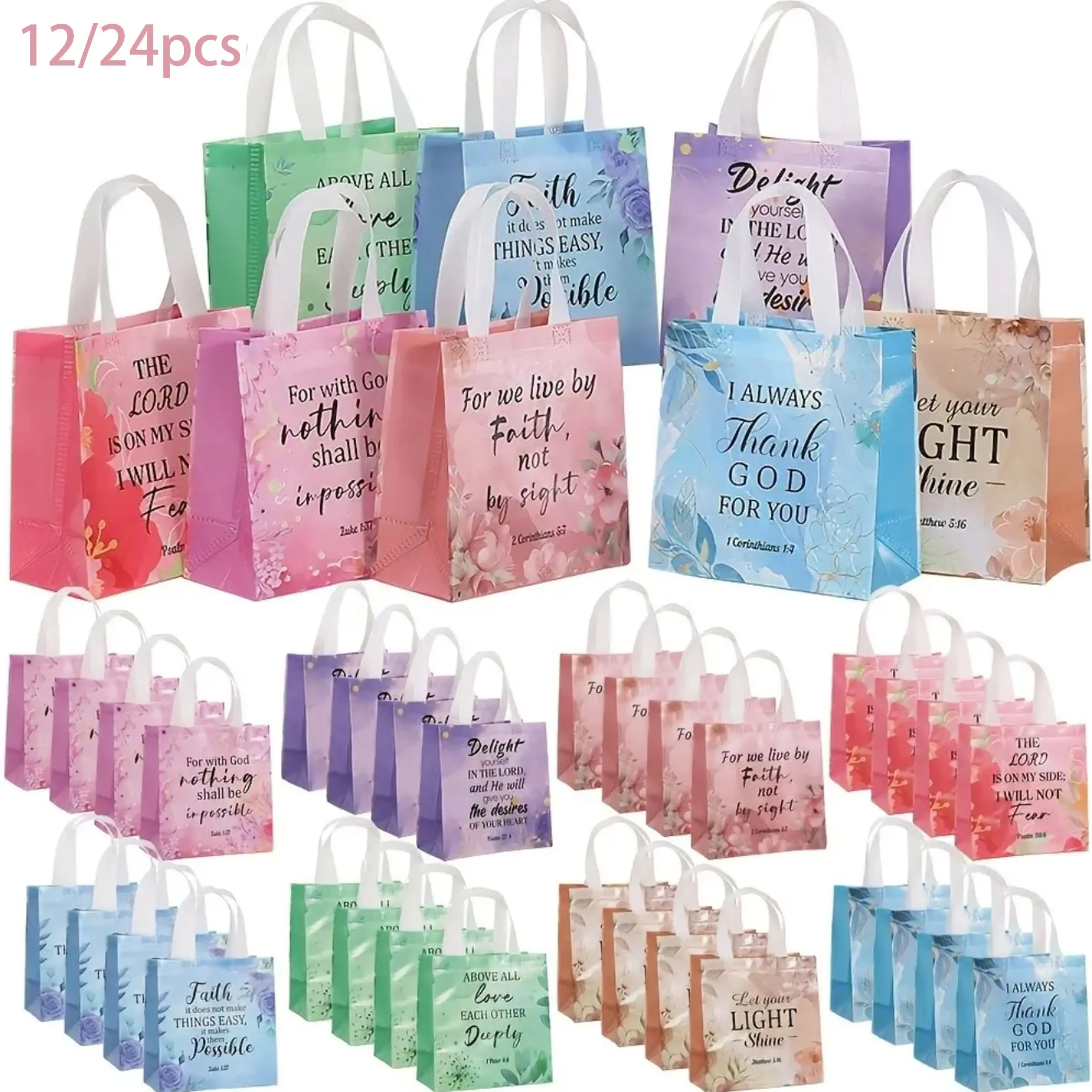 12/24pcs Christian Floral Gift Bags,Reusable Flower Religious Bible Verse Tote with Handles Non Woven Scripture Pastor Blessing Gift for Baptism Church Wedding Favors Faith Based Gift