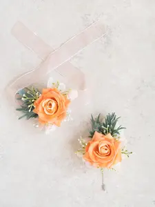 Juicy Orange Rose Wrist Corsage & Boutonniere Set - Vibrant Apricot Orange Prom Corsage, Boho Wedding Flower Girl Wristlet, Homecoming Corsage, Groom Boutonniere, Bridesmaid Corsage Gift with Customizable Sheer Ribbon Colors and Silk Flowers