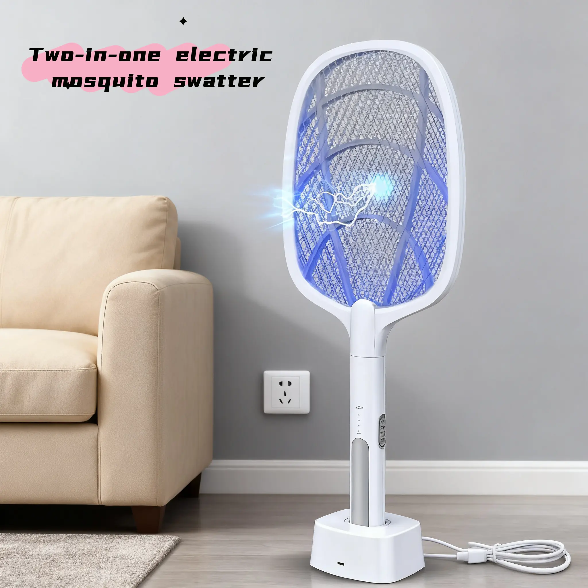 Electric Fly Swatter,4000V Bug Zapper Racket,2 in 1 Mosquito Zapper Racket with 1200ml Battery Rechargeable Purple Mosquito Killer Lamp with 3 Layers Safety Net Suitable for Indoor and Outdoor