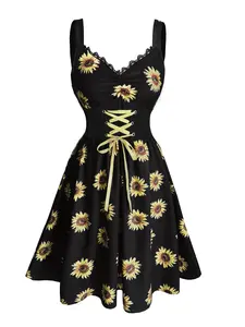 Sunflower Print Patchwork Waist V-Neck Dress, Vintage Lace V-Neck Floral Print Dress, Elegant Vacation Summer Daily Casual Print Dress, Womenswear Lady Fit