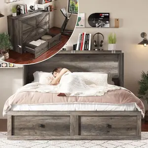 [Brandday]【Ships in 2 Boxes】AMERLIFE Murphy Bed with Storage & Charging Station, Farmhouse Murphy Cabinet with Foldable Panel, Noisy Free, for Guest Bedroom, Living Room, Office