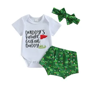 Baby Boys Clothes Suits Letter Print Short Sleeve Crew Neck Romper Golf Print Shorts Headband 3Pcs Set