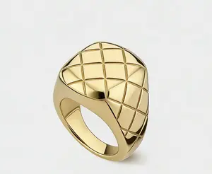 Tewiky Women's 14K Gold Plated Rhombus Grid Square Signet Ring - Minimalist Quilted Chunky Statement Band, Hypoallergenic Stackable Fine Jewelry for Daily Commute, Party