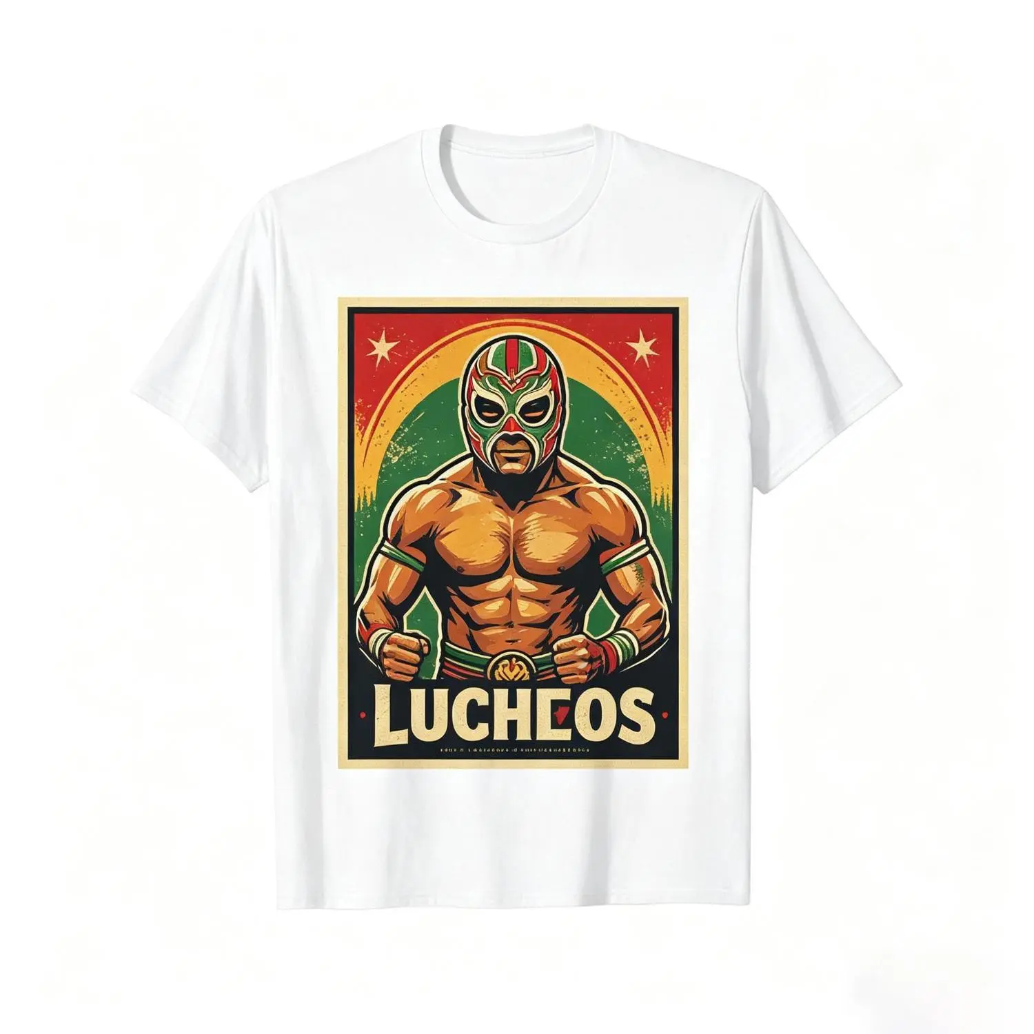 Men's Vintage Wrestling Themed Cotton Graphic T-Shirt - Menswear, Short-Sleeve, Round Neck, Casual, Retro Lucha Libre Wrestler Design