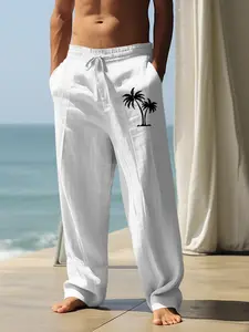 Men's Cartoon Palm Tree Print Wide Leg Pants, Loose Casual Comfy Breathable Straight Leg Trousers for Summer, Men's Bottoms for Daily Wear, Short, Chic Boho Trousers, Bohemian Trousers
