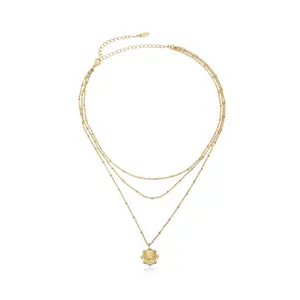 Compass Keepsake Layered Necklace – 18K Gold Plated Multi-Layer Necklace for Women, Brass & Glass Pendant, Adjustable 14–17” + 5” Extender, Trendy Statement Jewelry