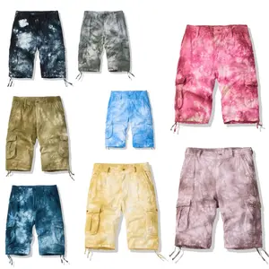 Men's Tie Dye Knee Length Cargo Shorts, Loose Fit Multi Pocket Tactical Bermuda Shorts with Adjustable Drawstring Hem, Soft Washed Cotton Streetwear Utility Shorts, Multi Color Retro Y2K Casual Bottoms for Summer Daily Hiking Hip Hop Outfits