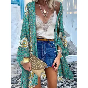 Bohemian Printed Kimono Cardigan, V Neck Long Sleeve Design for Vacation Style, Perfect Layering Piece for Women