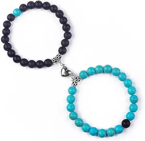 2Pcs Matching Couple Bracelets for Women Men Heart Charm and Glow in the Dark Bead for Boyfriend Girlfriend Mother Daughter Son Farther Siblings Stretch