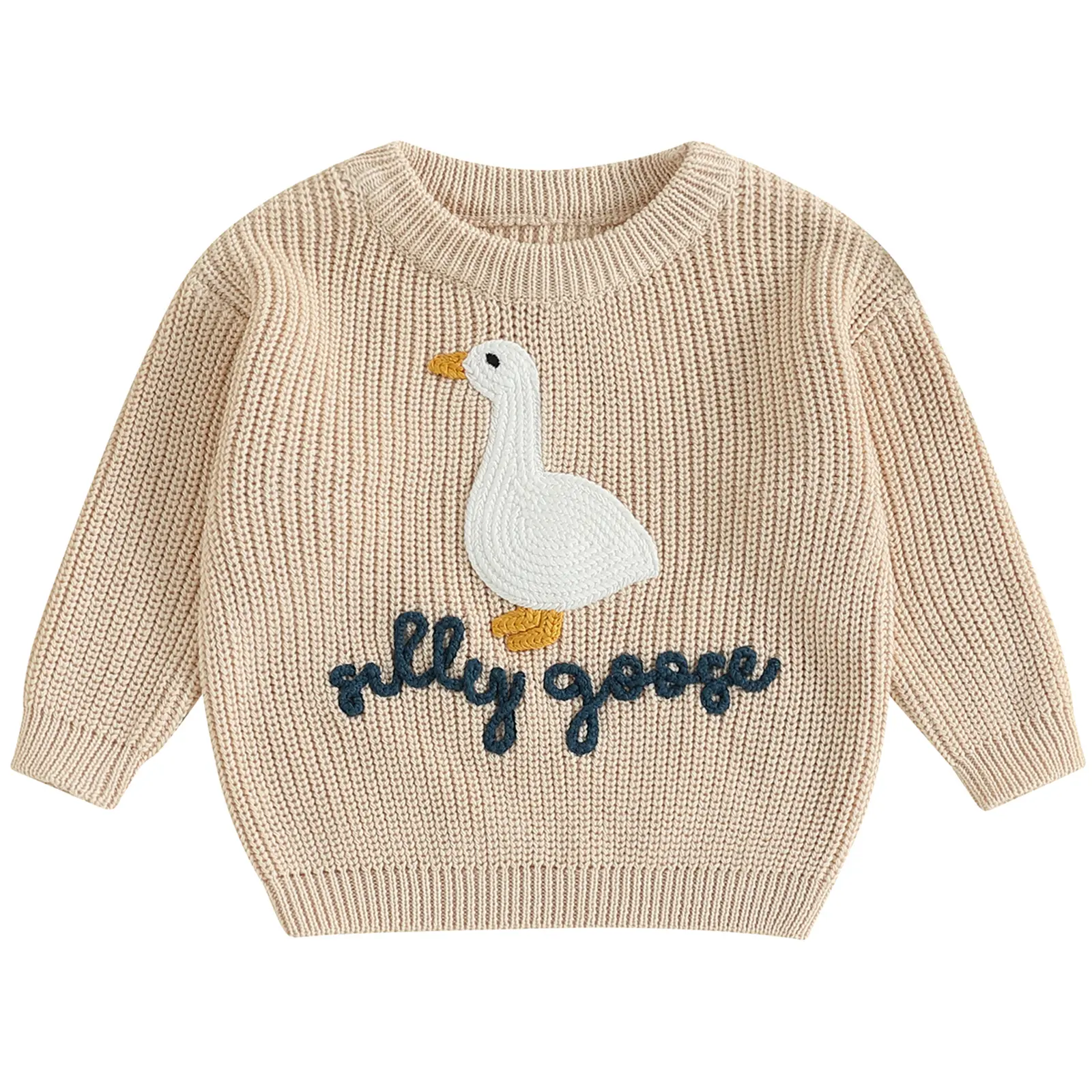 Baby-Safe Unisex Knitwear Sweater Pullover, Comfy Long Sleeve Graphic Sweater with Silly Goose Embroidery, Chunky Knit Warm Fall Winter Baby Clothing