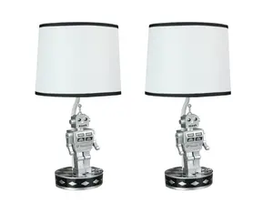 Set of 2 Silver Robot Lamps - 16.5in Retro Sci-Fi w/ Navy Shades