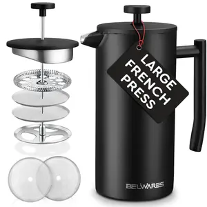 Matte Black Stainless Steel French Press Coffee Maker – 50oz | Double Layer Insulated Coffee Press with 4-Level Filtration – Rustproof & BPA-Free Modern Espresso & Coffee Brewer – Makes 12 Cups