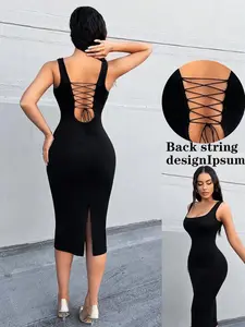 Women's Backless Round Neck Bodycon Dress, Solid Color Sleeveless Cami Dress for Party Club Dating Wear, Ladies Clothes for Summer
